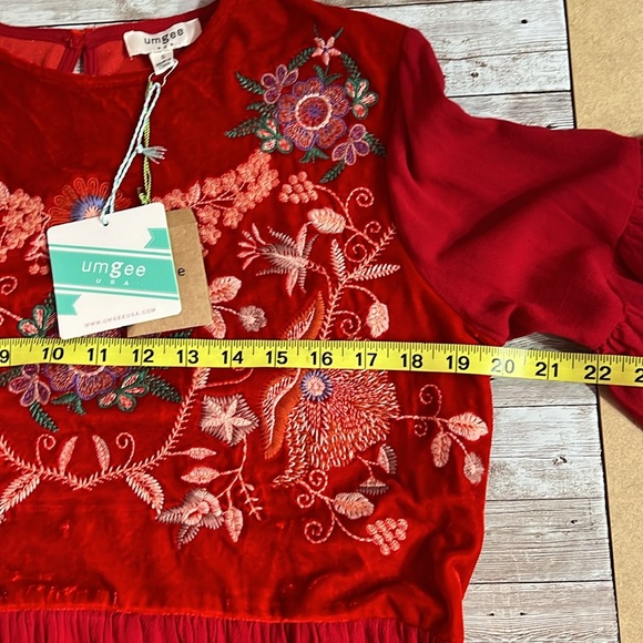 Umgee Women Velvet Shift Mini Dress Red Small Size Embroidered Party Christmas - Picture 8 of 11